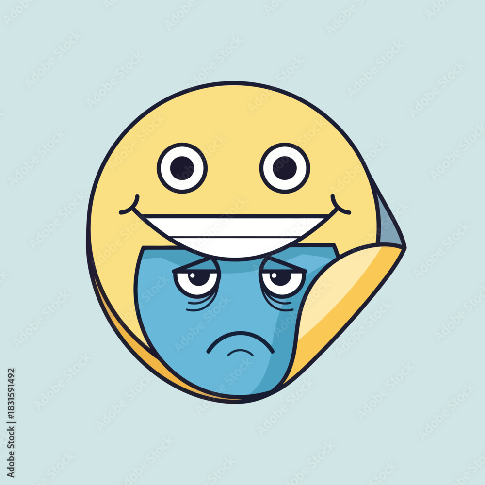 Obraz premium Emoji sticker showing a happy face peeling back to reveal a sad face underneath.