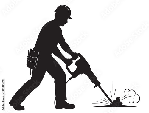 Black silhouette of a construction worker operating a jackhammer to break concrete, a graphic vector illustration of a man in a hard hat working on a demolition project