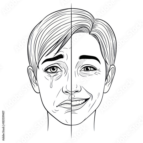 Split Face Depicting Sadness and Happiness Emotions.