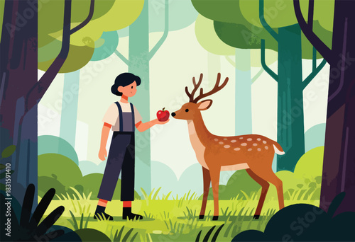 A person offers a red apple to a spotted deer in a vibrant, stylized forest setting with various trees
