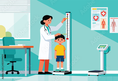 A doctor measures a boy's height in a medical setting, with a scale. Charts are present