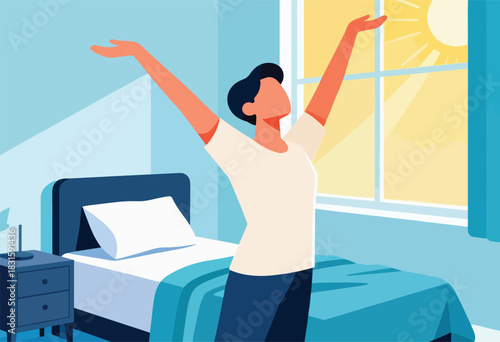 An abstract illustration of a person stretching after waking up in a minimalist bedroom with a bright window