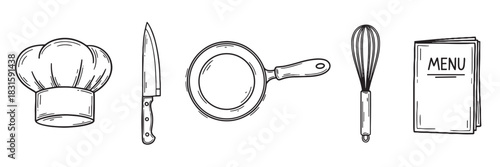 Hand drawn black and white cooking icons featuring a chef hat, knife, frying pan, whisk, and menu, presented in a simple sketch style for culinary and restaurant concepts