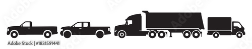Collection of black truck silhouettes including a pickup, semi-trailer, and delivery truck shown in a minimalist graphic icon style from a side profile view