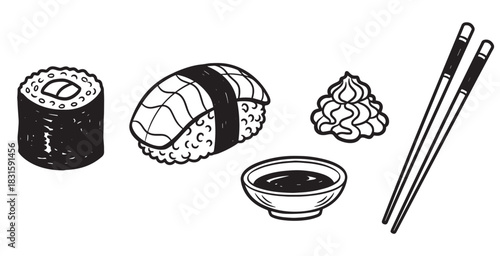 Hand drawn black and white sushi set illustration with maki roll, salmon nigiri, wasabi, soy sauce, and chopsticks in a simple doodle sketch style for a restaurant menu
