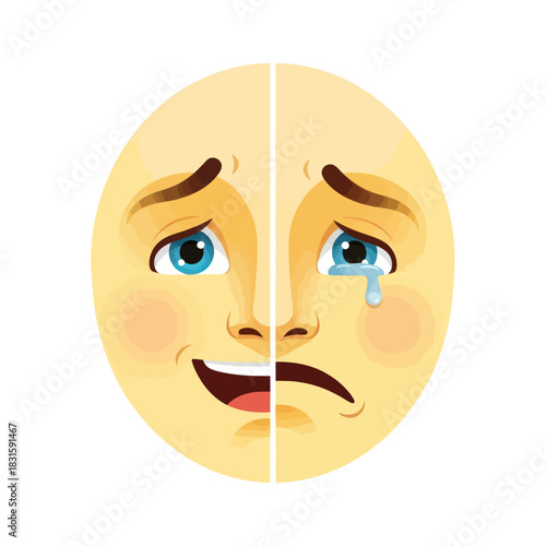 Split Face Emoji Showing Happy and Sad Emotions Simultaneously.