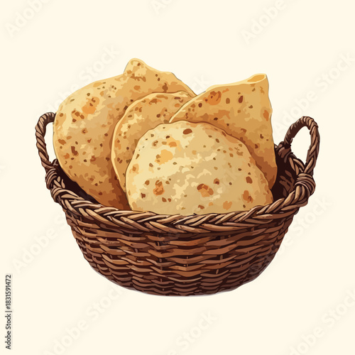 Freshly baked white bread loaf and buns in a wicker basket for a healthy breakfast meal