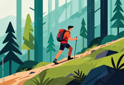 A person hikes a trail in a forest, carrying a backpack and using a trekking pole. Trees are behind