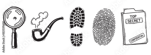 Set of black detective icons including a magnifying glass, smoking pipe, footprint, fingerprint, and top secret folder in a hand-drawn sketch style for investigation concepts