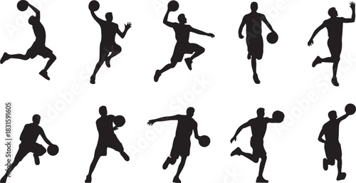 Collection of basketball player silhouettes in various action poses