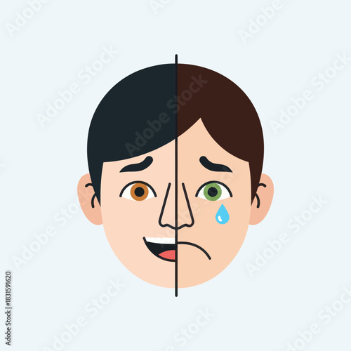 Vector illustration of a mans face split between happiness and sadness.