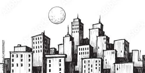 Monochrome ink sketch of a modern city skyline with numerous high-rise buildings and a large sun, depicted in a simple, graphic, and hand-drawn doodle art style