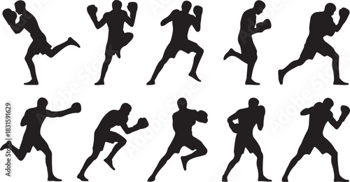 Collection of boxer silhouettes in dynamic fighting poses