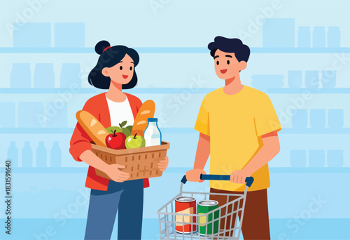 A couple shops at a grocery store, the woman holds a basket of food, the man pushes a cart with canned goods