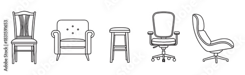 Collection of five different chairs including a dining chair, armchair, stool, office chair, and lounge chair shown as a simple black and white line art illustration set