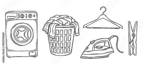 Hand-drawn set of laundry equipment including a washing machine, basket, iron, hanger, and clothespin in a black and white sketch style illustration for household concepts