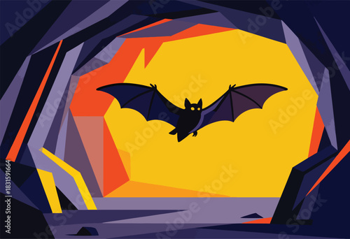 A bat with outstretched wings flies from a dark, geometric cave into a bright yellow sky