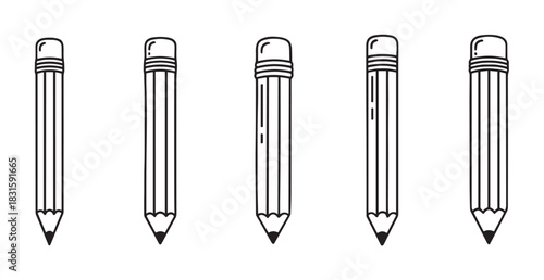 Five black and white line art pencils with erasers arranged in a row, a minimalist vector illustration set for school or office supplies concepts, perfect for drawing and writing