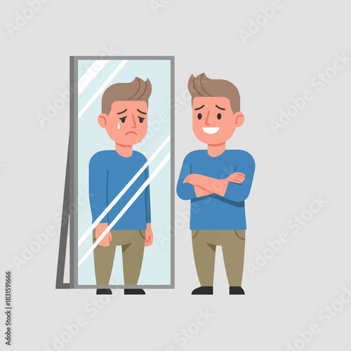 Man smiling at his sad reflection in the mirror.