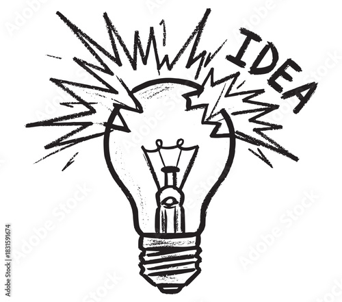 Exploding light bulb hand-drawn sketch with the word idea bursting out, a conceptual illustration for creativity, innovation, and a breakthrough moment