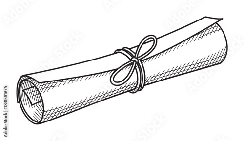Rolled paper scroll tied with a ribbon in a hand-drawn sketch style, representing a vintage manuscript, diploma, or important historical document with hatching details