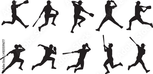 Collection of baseball player silhouettes in action poses