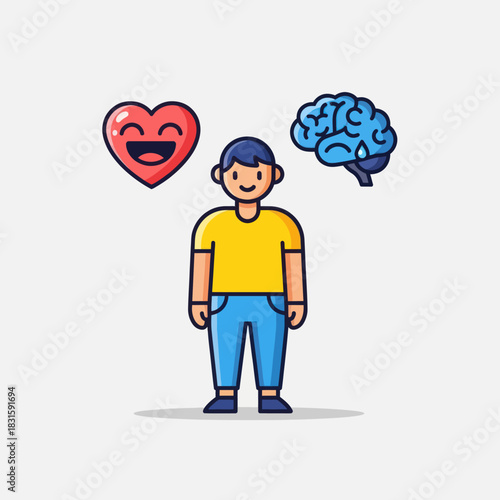 Young man choosing between an emotional heart and a logical brain.