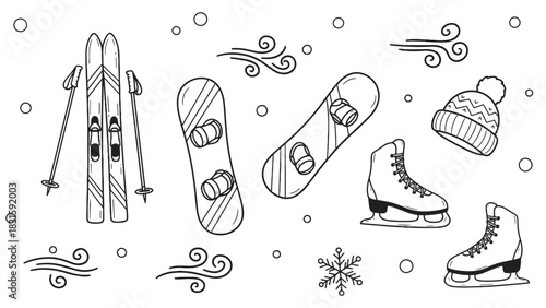 Hand-drawn winter sports equipment and accessories set with skis, snowboards, ice skates, and a warm hat, illustrated in a charming black outline doodle style