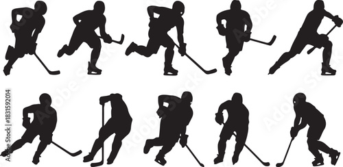 Collection of hockey player silhouettes in various poses and actions