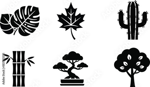 silhouette tree line drawing set, Side view, set of graphics trees elements outline symbol for architecture and landscape design drawing. Vector illustration in stroke fill in white.