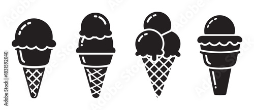 Set of four black ice cream cone icons in a minimalist graphic style, featuring various scoop combinations and waffle cone designs for a simple and clean dessert symbol collection