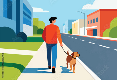 A person walks a dog on a sidewalk in a city with buildings and green spaces, under a blue sky
