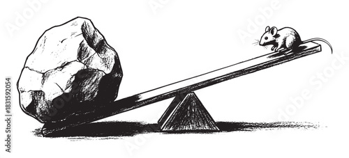 Small mouse balancing a large heavy boulder on a seesaw in a conceptual black and white sketch, a metaphor for leverage, potential, and overcoming great odds
