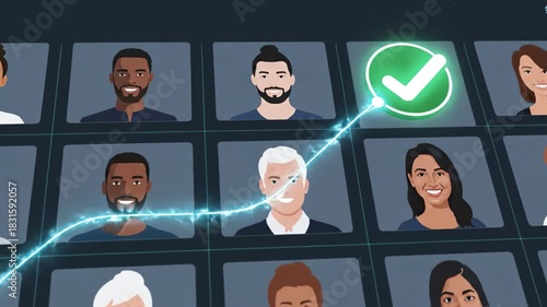 Virtual recruitment featuring diverse candidate portraits with glowing checkmark for selection and approval in digital interface, showcasing virtual meeting screen and communication networking online