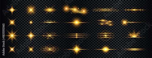 Golden light effects set with flares stars and lines vector