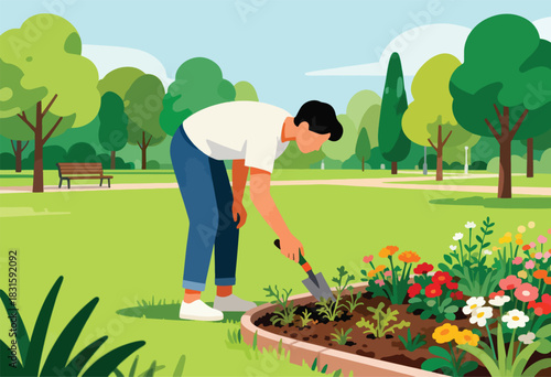 A person gardens in a park, tending to colorful flowers with a trowel, a green landscape surrounds