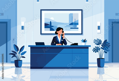 A receptionist in a blue-toned office takes a phone call behind a desk. Plants and a landscape painting complete the setting