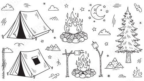 Collection of hand-drawn camping doodles featuring tents, campfires with roasting marshmallows, a pine tree, mountains, and a night sky with a crescent moon and stars