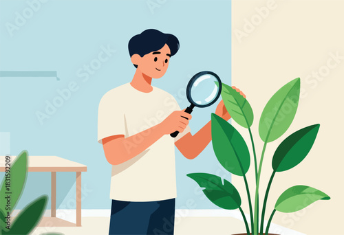 A person uses a magnifying glass to examine a large leafy green plant, studying details