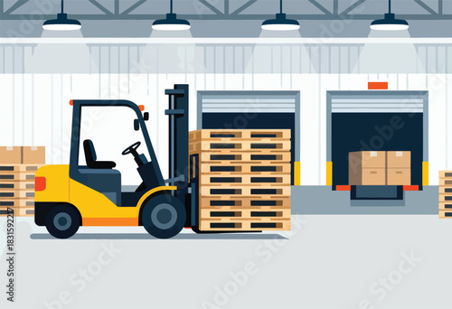 A yellow forklift truck lifts a pallet of wood inside a warehouse, other pallets are present. Loading dock is open