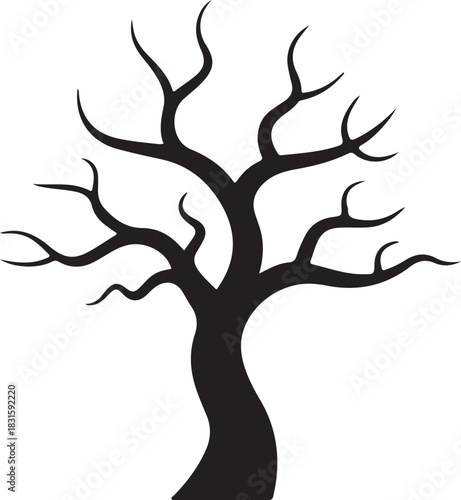 Silhouette of a bare gnarled tree against a white background