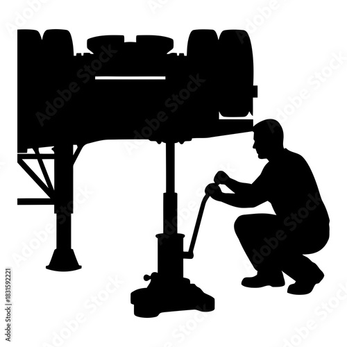Silhouette of worker operating heavy industrial press machine production isolated on white background, Vector