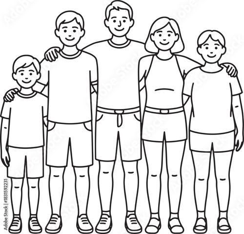 Family Portrait Vector Line Art Illustration of Parents and Three Children