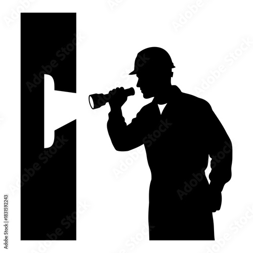 Worker silhouette holding a flashlight, inspecting an unknown dark area isolated on white background, Vector