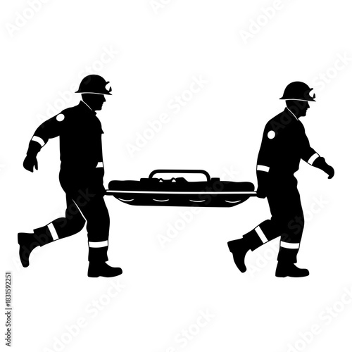 Emergency responders carrying stretcher silhouette, rescue operation teamwork isolated on white background, Vector