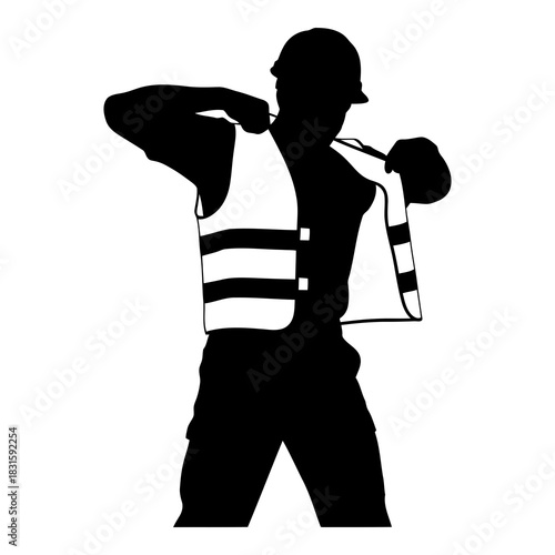 Silhouette of a worker putting on a reflective safety vest and hard hat isolated on white background, Vector