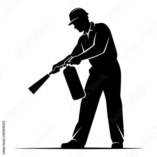 Industrial worker silhouette with fire extinguisher for emergency safety isolated on white background, Vector