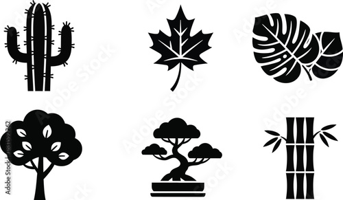 silhouette tree line drawing set, Side view, set of graphics trees elements outline symbol for architecture and landscape design drawing. Vector illustration in stroke fill in white.