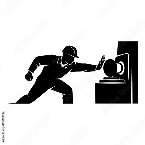 Worker pressing emergency stop button for machine safety in industrial setting isolated on white background, Vector