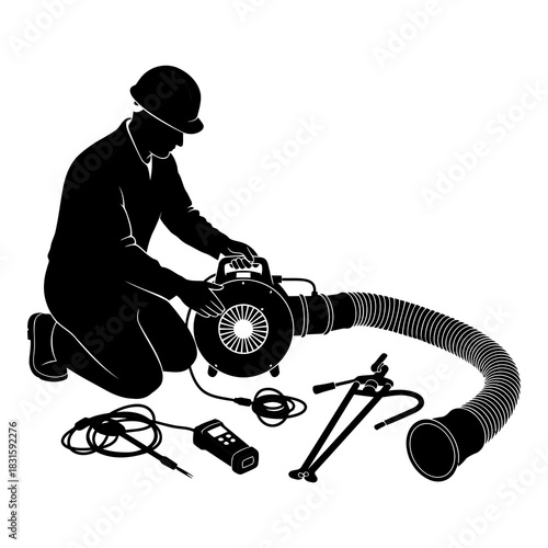 Worker in hard hat operating a portable industrial ventilation fan and duct system equipment isolated on white background, Vector
